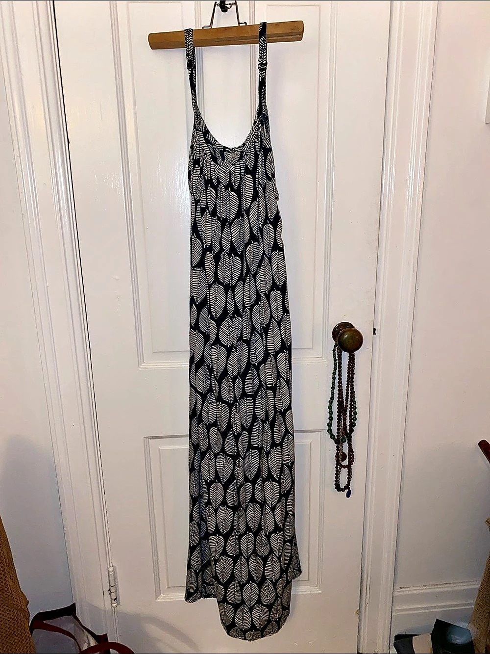 Blue & White Geometric leaf long strappy Dress, Like New